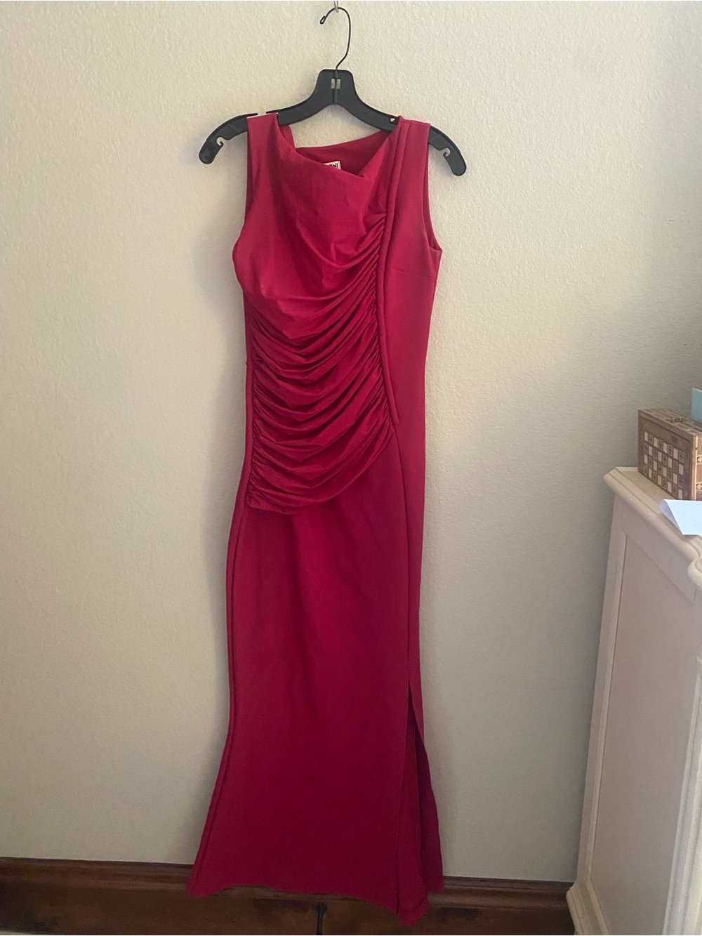 Sleeveless Red Ruched Maxi Dress with Side Slit